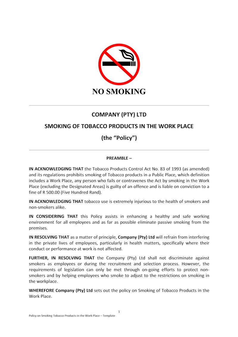 Smoking policy for Employer, Document, Labour Law, South Africa, Download