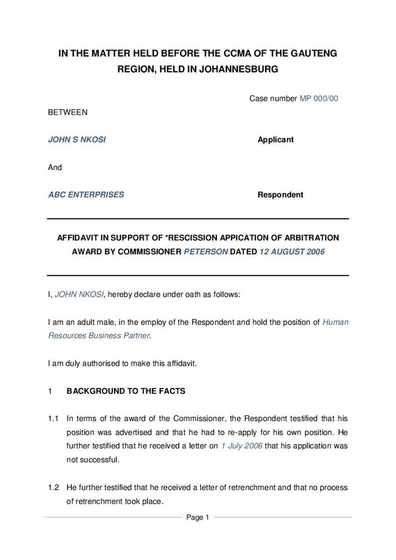 Affidavit in support of rescission - pdf, Document, Labour ...