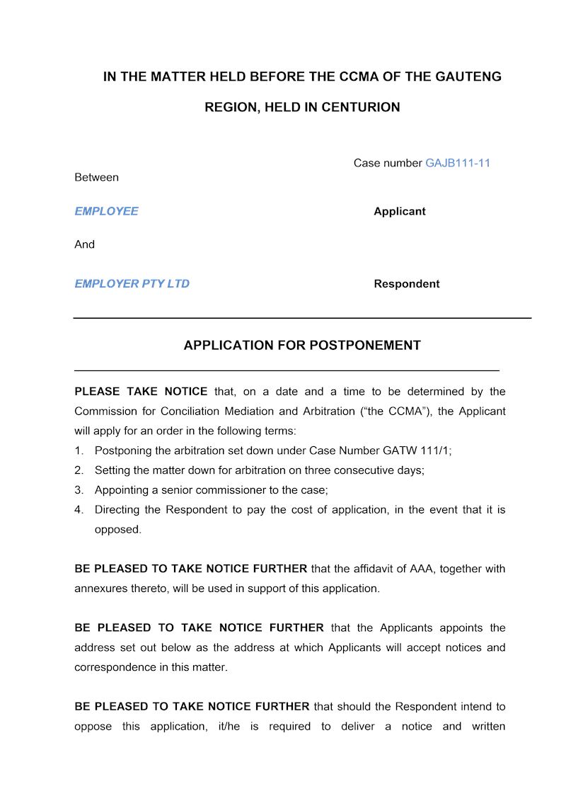 Notice of motion postponement Document Labour Law South Africa Download