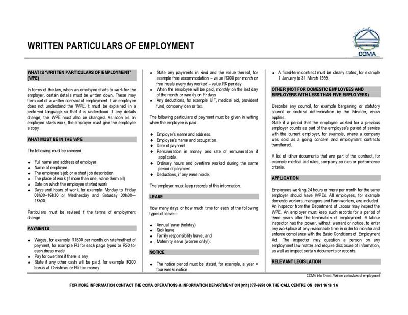 labour contract 2 form act Particulars Document, Labour CCMA, of Employment Written