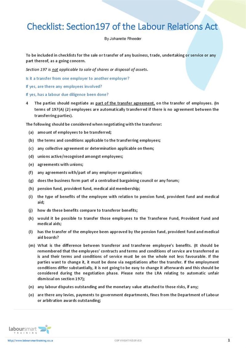 template 8 letter section Act, Labour Section of 197 Relations Document Checklist