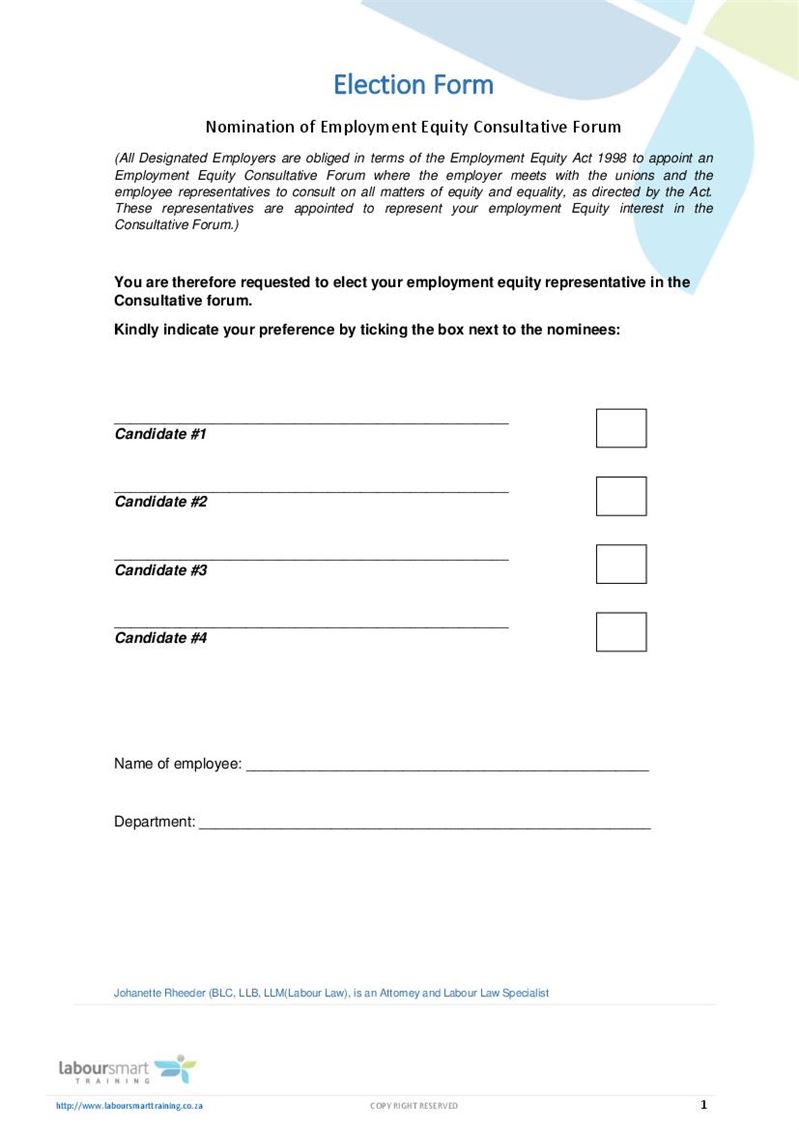 Bargaining representative nomination form